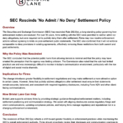 Professional financial compliance meeting discussing the SEC’s removal of the longstanding ‘no deny’ settlement rule and its impact on enforcement strategy, disclosures, and firm communications.