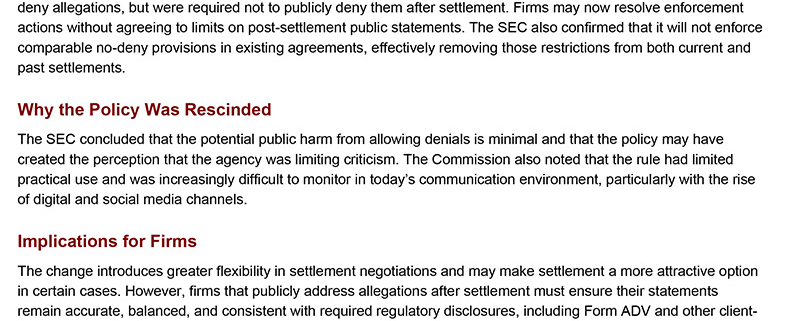 Professional financial compliance meeting discussing the SEC’s removal of the longstanding ‘no deny’ settlement rule and its impact on enforcement strategy, disclosures, and firm communications.